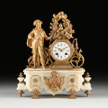 A RENAISSANCE REVIVAL GILT SPELTER ALABASTER CLOCK, CLOCKWORKS BY J. MARTI ET CIE, FRENCH, MID/