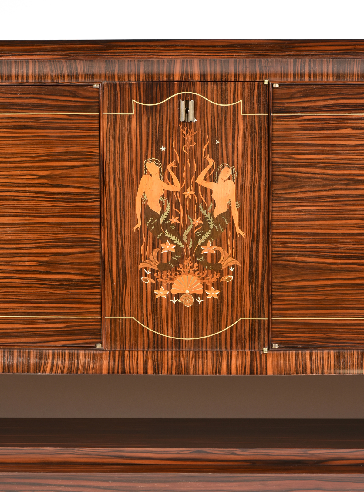 AN ELEGANT FRENCH ART DECO EXOTIC WOODS MARQUETRY INLAID MACASSAR EBONY AND GILT IRON CREDENZA, - Image 3 of 8