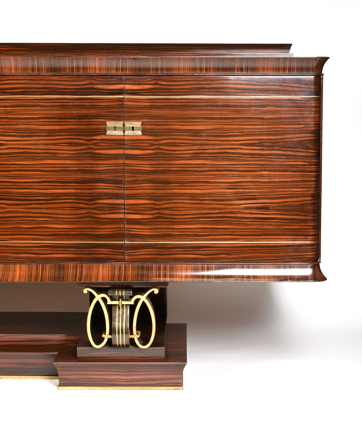 AN ELEGANT FRENCH ART DECO EXOTIC WOODS MARQUETRY INLAID MACASSAR EBONY AND GILT IRON CREDENZA, - Image 2 of 8