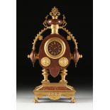 AN UNUSUAL FRENCH NEO-GREC REVIVAL GILT BRONZE MOUNTED MARBLE MANTLE CLOCK, CIRCA 1870, the shaped