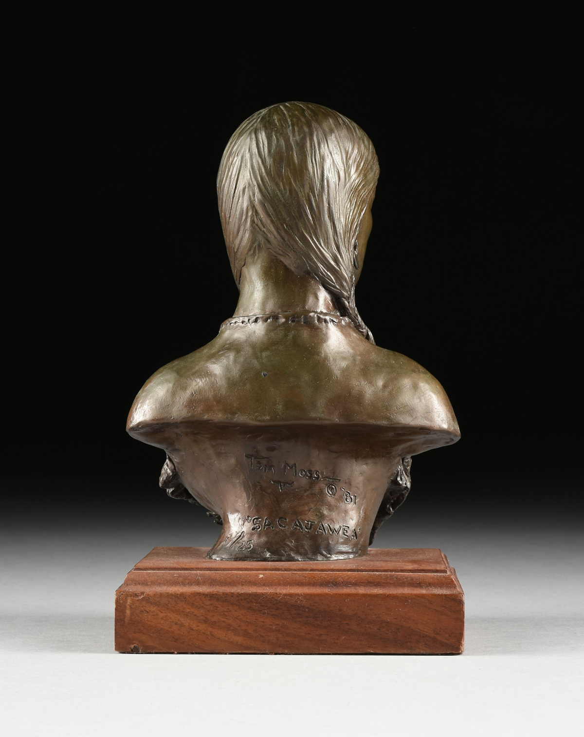 TOM MOSS (American/Texas b.1935) A BRONZE PORTRAIT BUST, "Sacajawea," 1981, with a light brown - Image 6 of 7