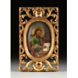 A RUSSIAN ORTHODOX ICON, "St. Luke the Evangelist," 19TH CENTURY, oil on wood in a pierced custom