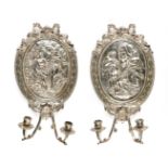 A PAIR OF TWO CHARLES II STYLE SILVER PLATED TWO LIGHT WALL SCONCES, EARLY 20TH CENTURY, each of