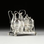 A GEORGE III SILVER CRUET STAND AND SEVEN ASSOCIATED SILVER MOUNTED GLASSWARES, EACH HALLMARKED,