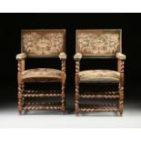 A PAIR OF LOUIS XIII STYLE NEEDLEWORK UPHOLSTERED AND CARVED WALNUT ARMCHAIRS, 19TH CENTURY, each