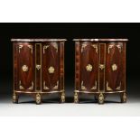 A PAIR OF RÃ‰GENCE MARBLE TOPPED AND ORMOLU MOUNTED PALISANDER ENCOIGNURES, EARLY 18TH CENTURY, each