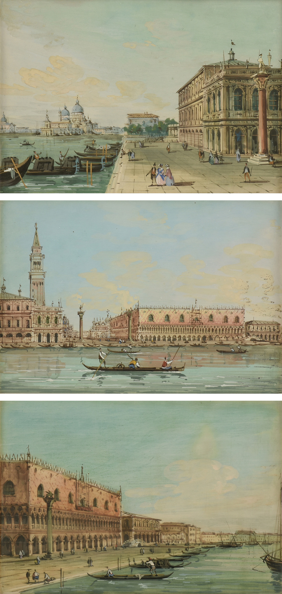 in the manner of CARLO GRUBACS (Italian 1802-1870) THREE PAINTINGS, "Views of Venice," gauche on