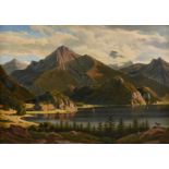 GERMAN SCHOOL, A PAINTING, "Village by Lake in Mountainous Landscape," 1860, oil on canvas, signed