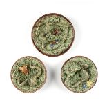 THREE MAFRA & SONS CALDAS PALISSY WARE MAJOLICA PLATES, INSECT AND REPTILE, LATE 19TH CENTURY,