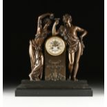 A NEOCLASSICAL REVIVAL PATINATED BRONZE AND BLACK MARBLE BACCHUS AND BACCHANTE MANTLE CLOCK, FRENCH,