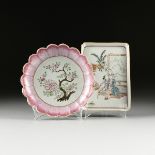 TWO QING DYNASTY FAMILLE ROSE ENAMELED PORCELAIN PLATES, EROTIC, CHINESE, 19TH CENTURY, comprising a