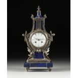 A LOUIS XVI STYLE SILVERED METAL AND LAPIS LYRE FORM MANTLE CLOCK, BY A. CHAPUS, LA GERBE D'OR, LATE