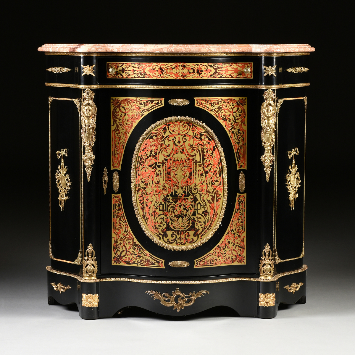 A NAPOLEON III STYLE MARBLE TOPPED AND STENCILED BOULLE MARQUETRY DECORATED EBONIZED CABINET,