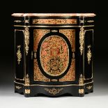 A NAPOLEON III STYLE MARBLE TOPPED AND STENCILED BOULLE MARQUETRY DECORATED EBONIZED CABINET,