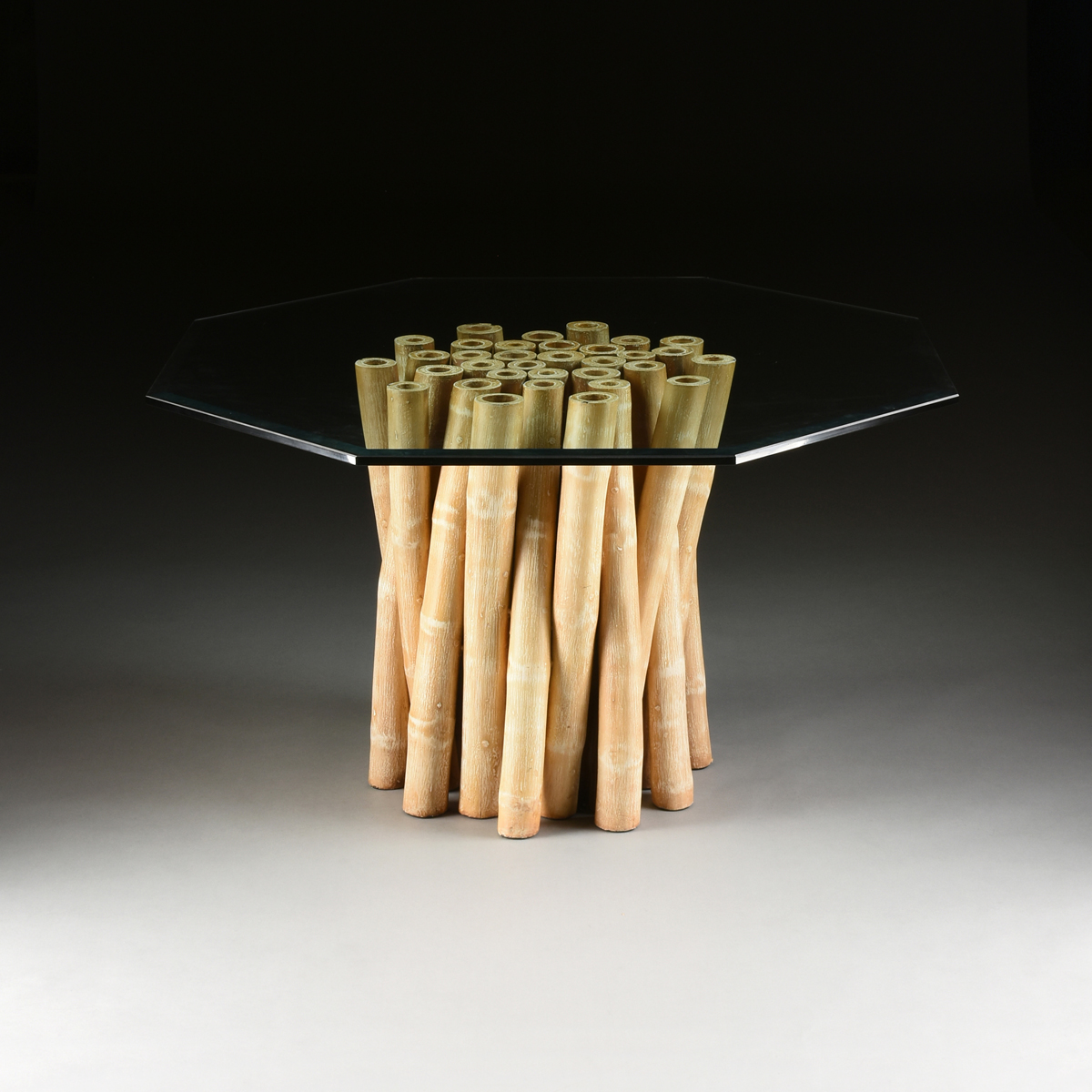 A VINTAGE MODERN AMERICAN GLASS TOPPED AND WHITEWASHED BAMBOO CENTER TABLE, BY BUDJI LAYUG, CIRCA