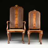 TEN QUEEN ANNE STYLE CLOVEN HOOF FEET CANE BACK WALNUT DINING CHAIRS, EARLY/MID 20TH CENTURY,