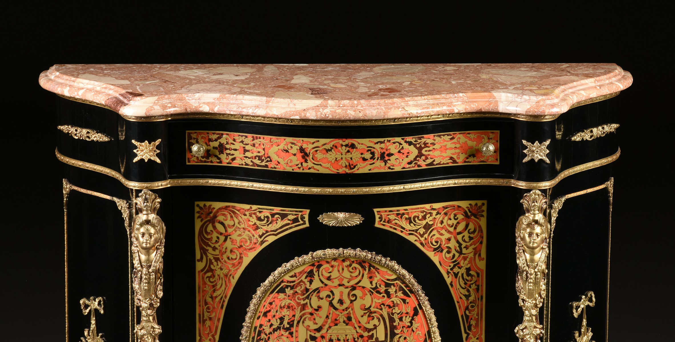 A NAPOLEON III STYLE MARBLE TOPPED AND STENCILED BOULLE MARQUETRY DECORATED EBONIZED CABINET, - Image 2 of 10