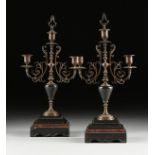 A PAIR OF BELLE EPOQUE BRONZE AND MARBLE THREE LIGHT CANDELABRAS, CIRCA 1880, each with a