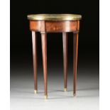 A LOUIS XVI STYLE MARBLE TOPPED AND MARQUETRY INLAID TULIPWOOD BOUILLOTTE TABLE, LATE 19TH/EARLY