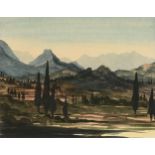 H.R.H. PRINCE OF WALES (English b. 1948) A PRINT, "Greek Island Landscape," 1999, color lithograph