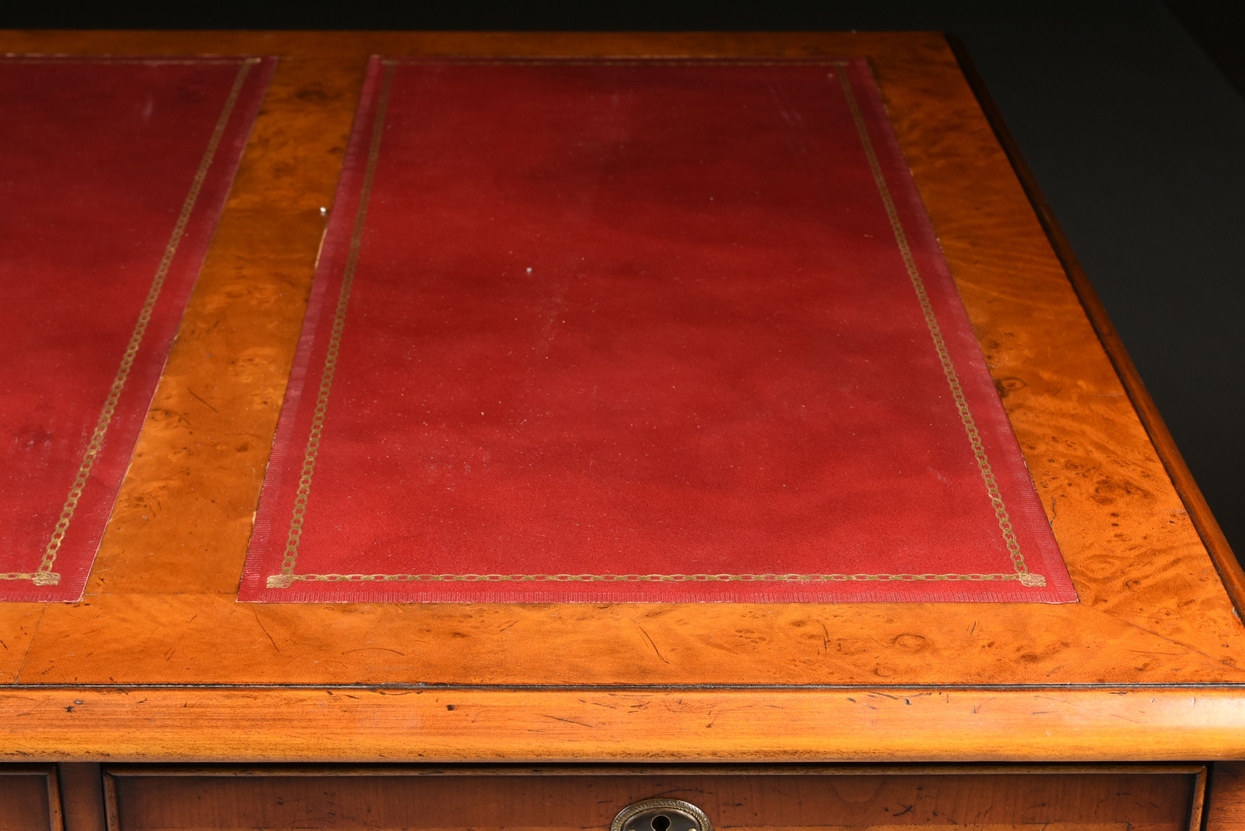A GEORGE II STYLE WALNUT BURGUNDY LEATHER TOP PARTNER'S DESK, ENGLISH, MID 20TH CENTURY, modeled - Image 11 of 15