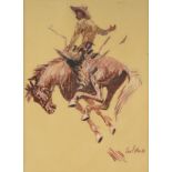 LEAL MACK (American 1892-1962) A PAINTING, "Cowboy on Bucking Bronco," oil on canvas board, signed