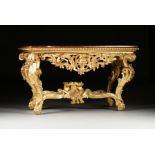 A GRAND ROCOCO REVIVAL MARBLE TOPPED AND PARCEL GILT CARVED WOOD CONSOLE TABLE, PROBABLY FRENCH,