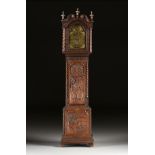 AN ENGLISH GOTHIC STYLE OAK TALL CASE CLOCK, WORKS BY WILLIAM ELEMENT, ST. ALBANS, 17TH/18TH