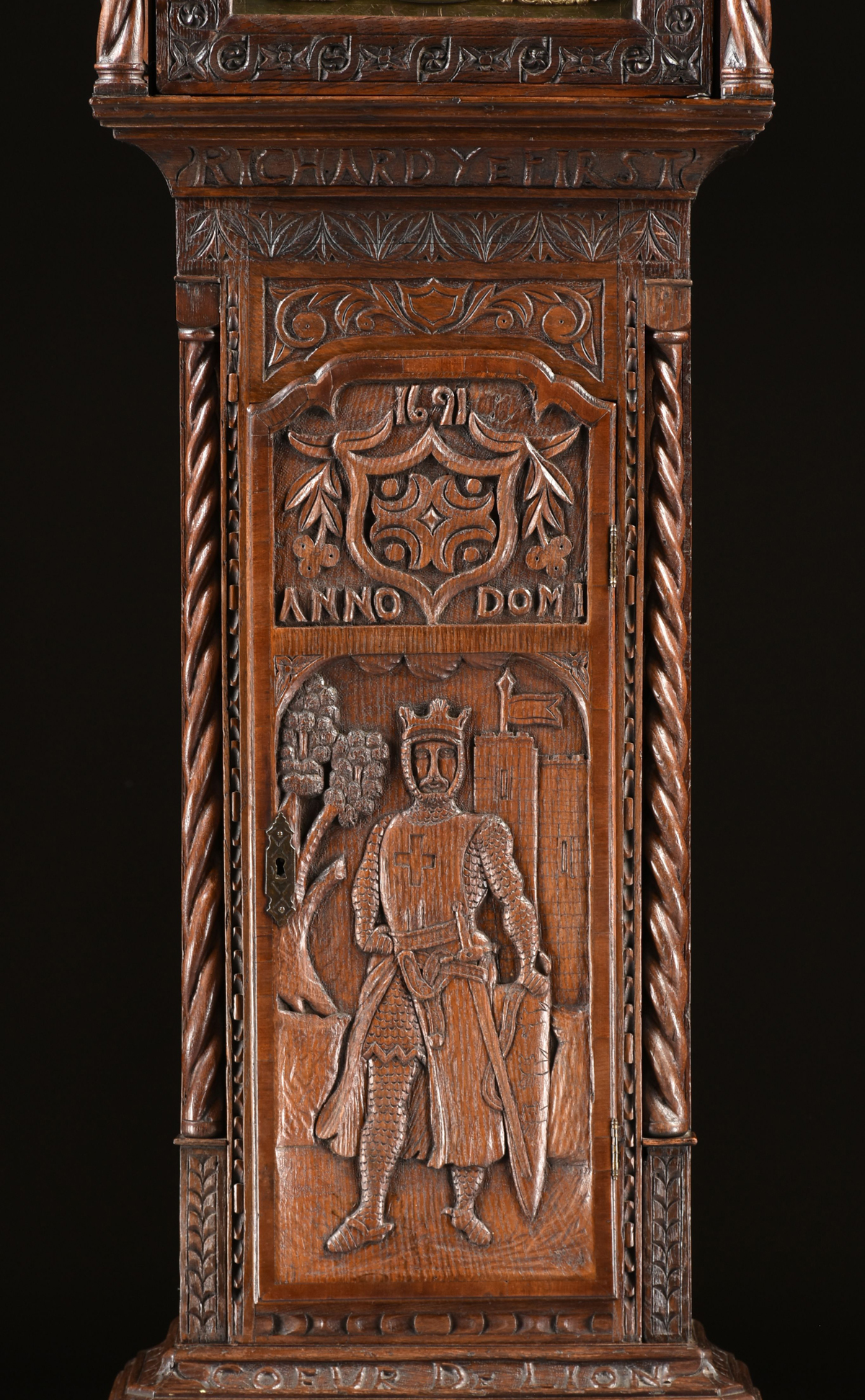 AN ENGLISH GOTHIC STYLE OAK TALL CASE CLOCK, WORKS BY WILLIAM ELEMENT, ST. ALBANS, 17TH/18TH - Image 5 of 10