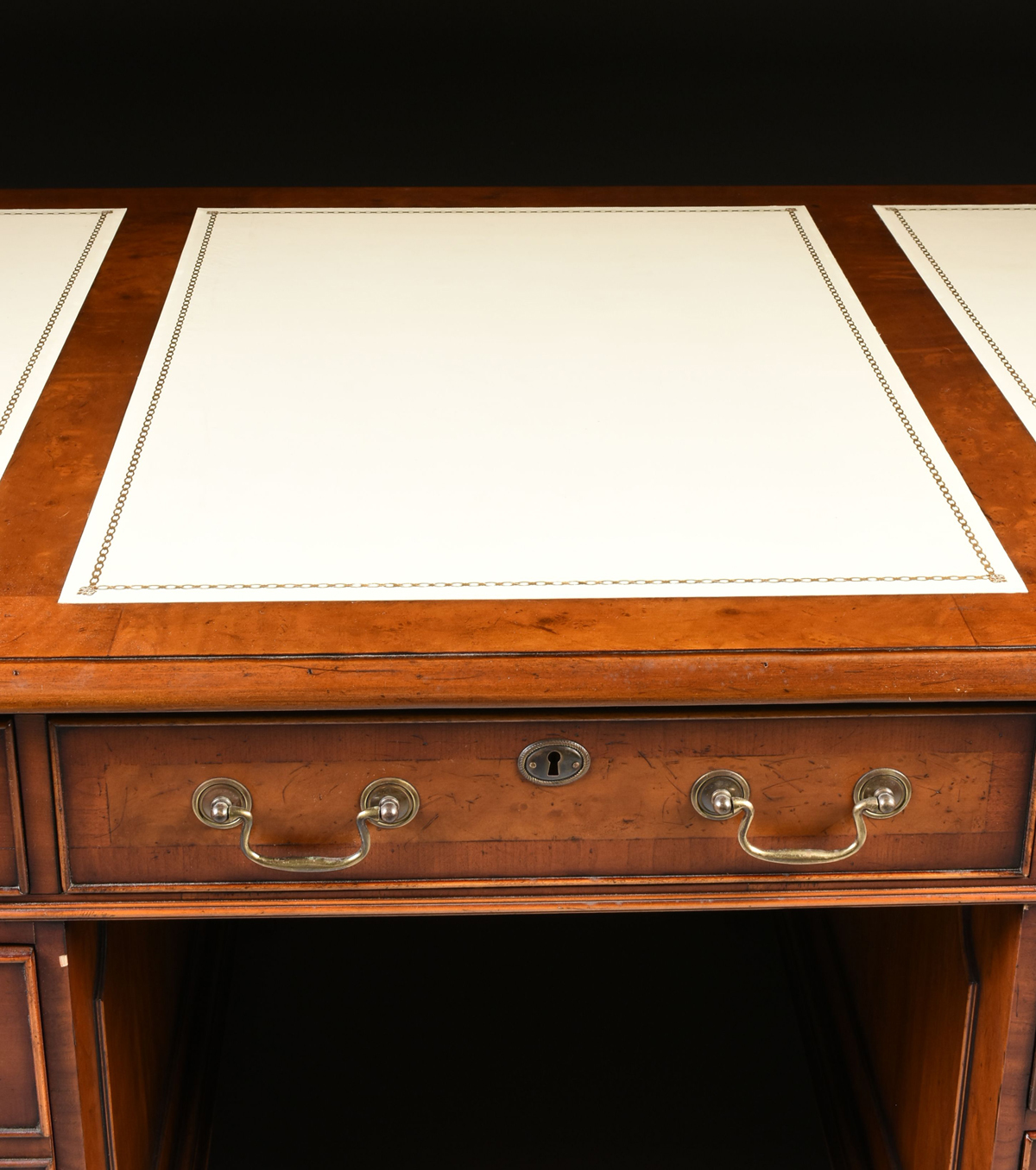 A GEORGE II STYLE WALNUT WHITE LEATHER TOP PARTNER'S DESK, ENGLISH, MID 20TH CENTURY, modeled - Image 13 of 16