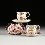 TWO SETS OF ROYAL CROWN DERBY COFFEE CUPS/SAUCERS WITH CRAB PAPERWEIGHT, IMARI STYLE PATTERNS,
