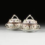 A PAIR OF DRESDEN GILT AND PAINTED PORCELAIN TWO HANDLE LIDDED TUREENS ON SAUCERS, CARL THIEME