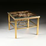 AN AMERICAN ART DECO GLASS TOPPED BRASS "PELICAN" SIDE TABLE, 20TH CENTURY, of square form and a