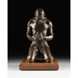 JIM RENO (American 1929-2008) A BRONZE FIGURAL SCULPTURE, "Kneeling Man," cast as a shirtless