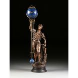 AN ANTIQUE FRENCH PATINATED SPELTER FIGURAL SWING CLOCK, LATE 19TH/EARLY 20TH CENTURY, modeled as