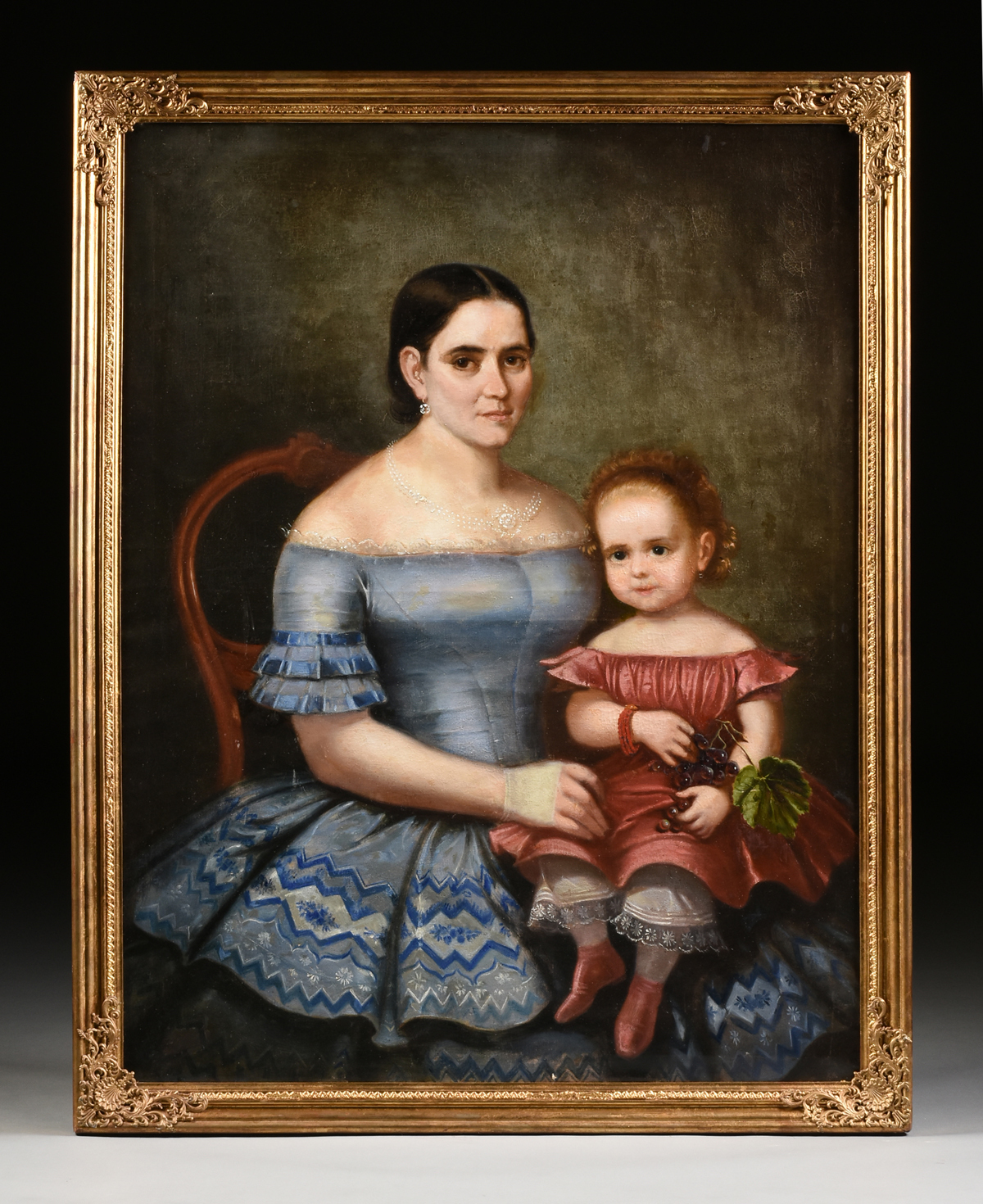 FRENCH SCHOOL, A PAINTING, "Lady in a Blue Dress with Child holding Grapes," oil on canvas. 50" x 38 - Image 2 of 12