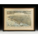 AN ANTIQUE BIRD'S EYE VIEW MAP, "Galveston, Texas," 1885, color lithograph on paper, Augustus