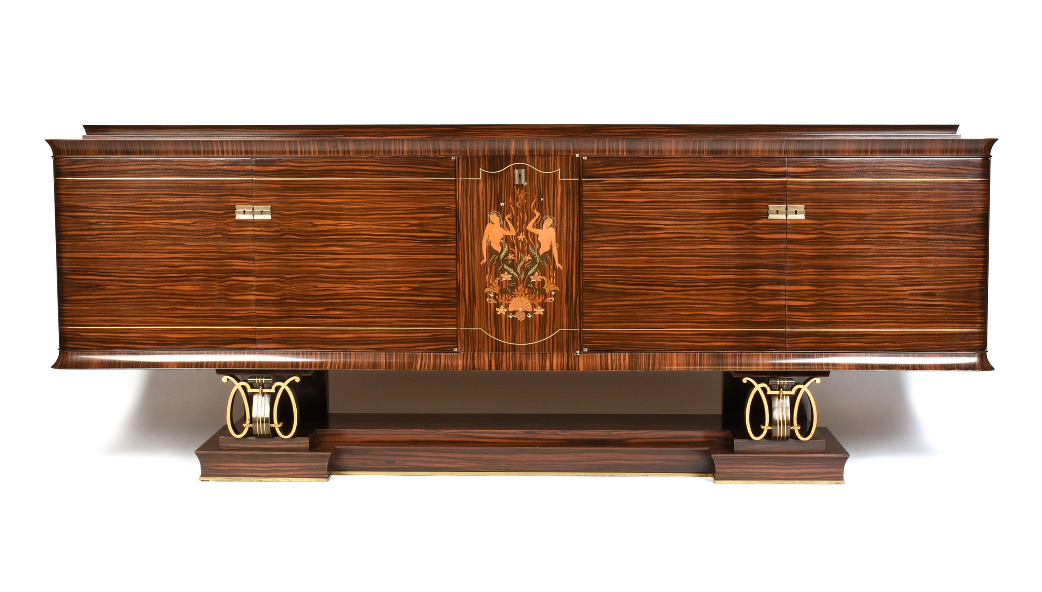 AN ELEGANT FRENCH ART DECO EXOTIC WOODS MARQUETRY INLAID MACASSAR EBONY AND GILT IRON CREDENZA,