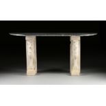 A LONG FRENCH NEO-GREC STYLE MARBLE TOPPED AND CAST STONE CONSOLE TABLE, EARLY 20TH CENTURY, with