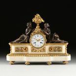 A LOUIS XVI STYLE GILT AND PATINATED BRONZE MOUNTED WHITE MARBLE MANTLE CLOCK, MID 19TH CENTURY, the