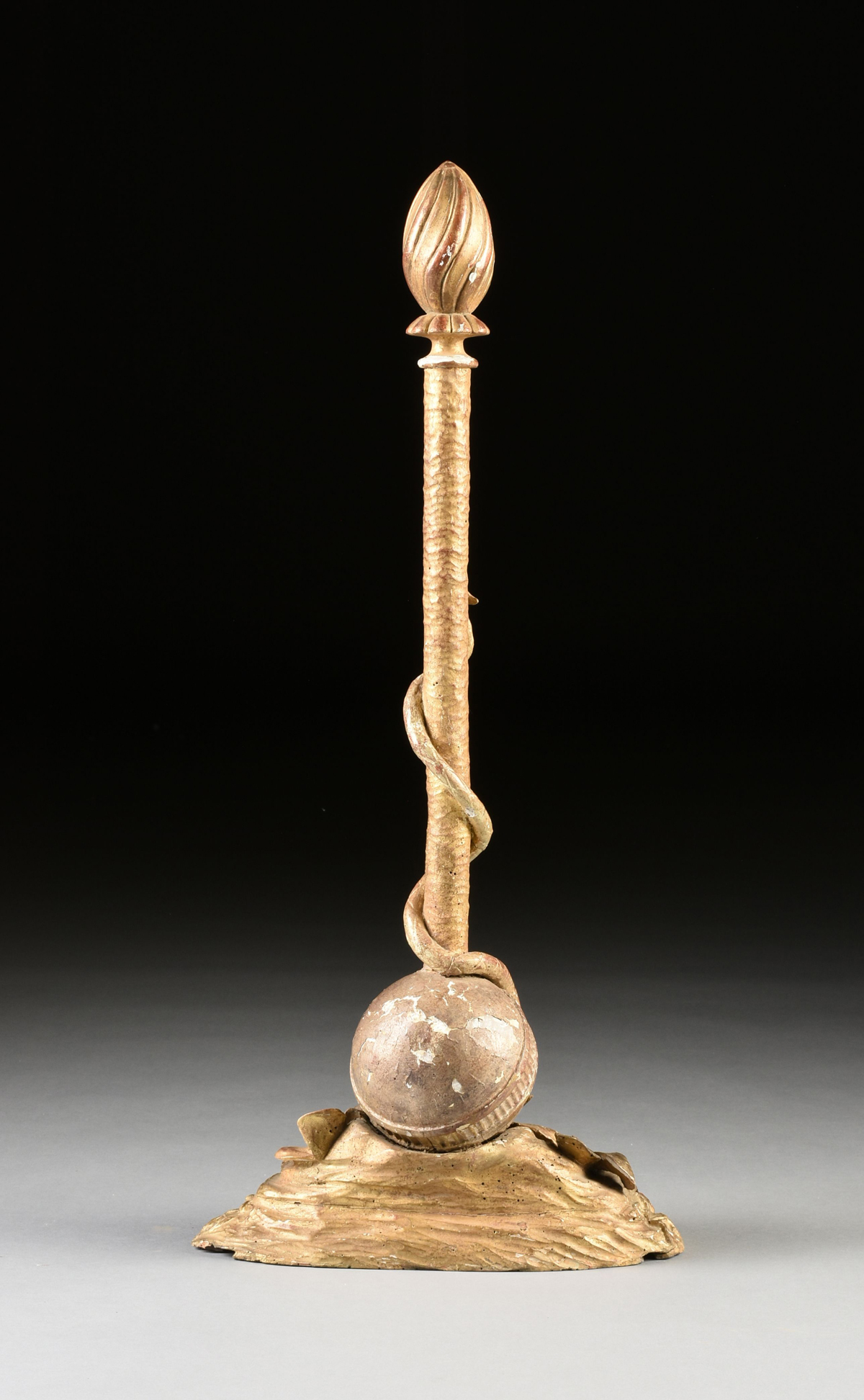 AN ITALIAN PARCEL GILT CARVED WOOD SERPENT ENTWINED ROD SCULPTURE, 19TH CENTURY, the sinuous long - Image 4 of 4