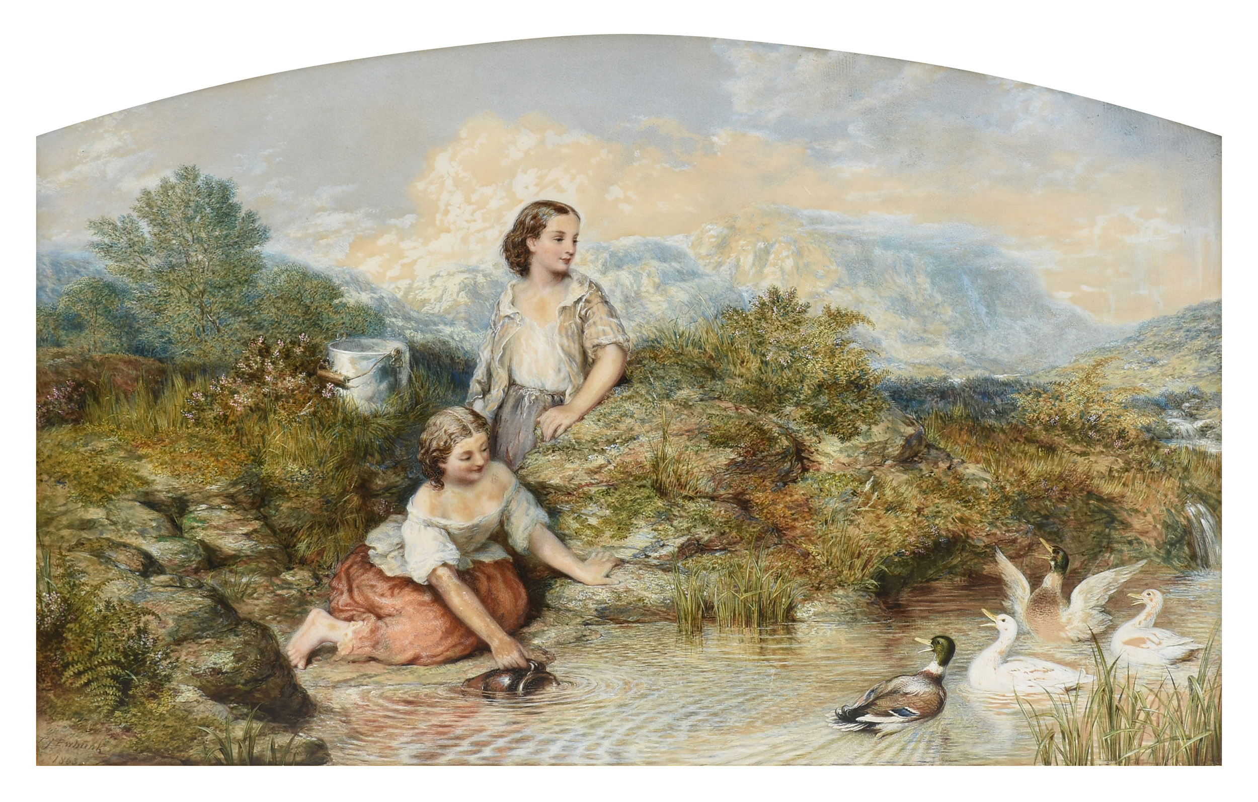 THOMAS JOHN EWBANK (Scottish a. 1826-1863) A PAINTING, "Water Gathering Young Couple and Ducks at