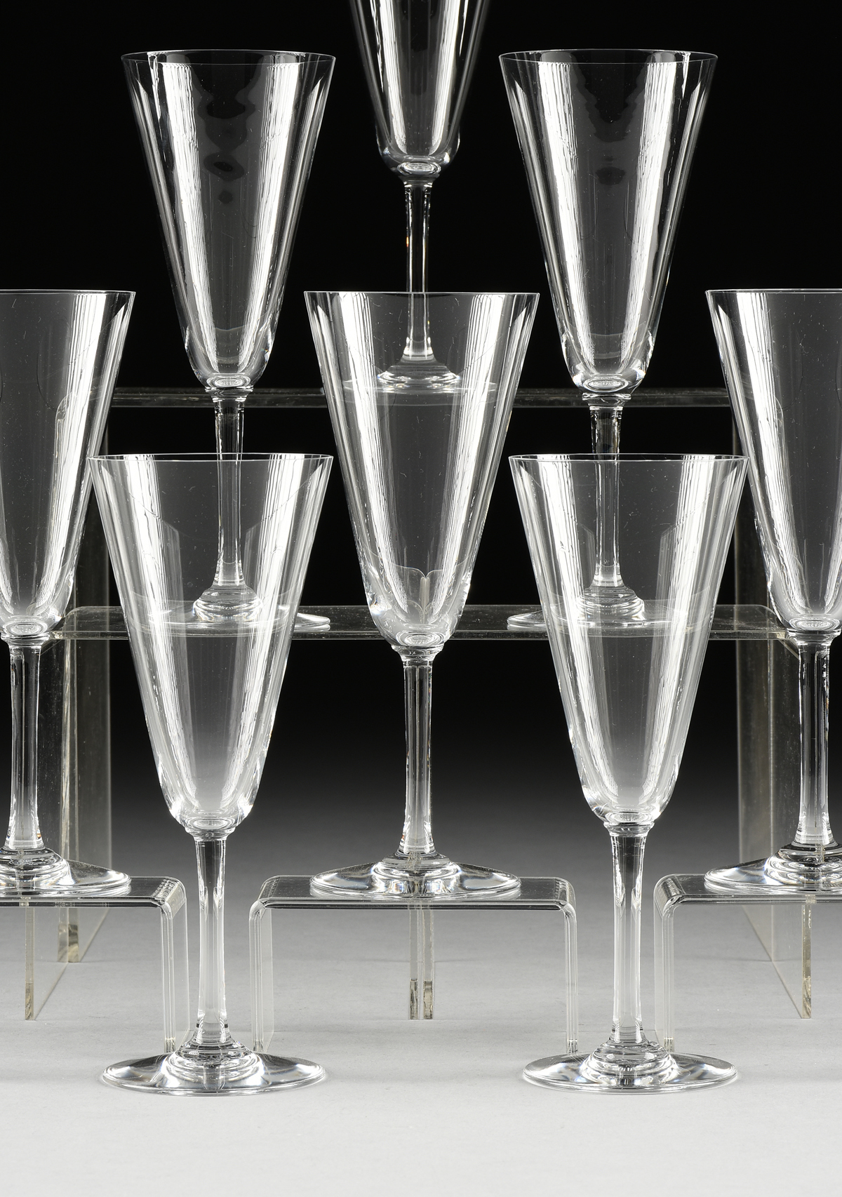 A SET OF TEN BACCARAT CRYSTAL CHAMPAGNE FLUTES, PATTERN 100-192, MODERN, the conical bowl on an - Image 2 of 4