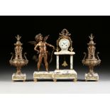 A THREE PIECE LOUIS XVI REVIVAL GILT AND PATINATED METAL MOUNTED MARBLE CLOCK GARNITURE, SIGNED,