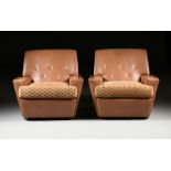 A PAIR OF ITALIAN MID-CENTURY MODERN FAUX LEATHER AND VELVET UPHOLSTERED ARMCHAIRS, 1960-1970,