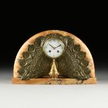 AN ART DECO BRONZE PEACOCK AND SIENA MARBLE MANTLE CLOCK, PROBABLY FRENCH, 1920s, the arched back