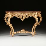 A ROCOCO REVIVAL MARBLE TOPPED AND PARCEL GILT CARVED WOOD CONSOLE TABLE, LATE 19TH CENTURY, with