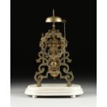 AN ANTIQUE BRASS FUSEE SKELETON CLOCK ON MARBLE BASE,19TH CENTURY, the double bar and shield chapter