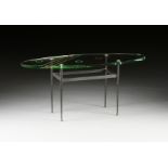 A MID-CENTURY ITALIAN PAINTED GLASS AND IRON COFFEE TABLE, CIRCA 1960, the oval beveled glass top