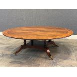 A MONUMENTAL REGENCY STYLE MAHOGANY DINING TABLE, the large top centering a circular inlaid panel of